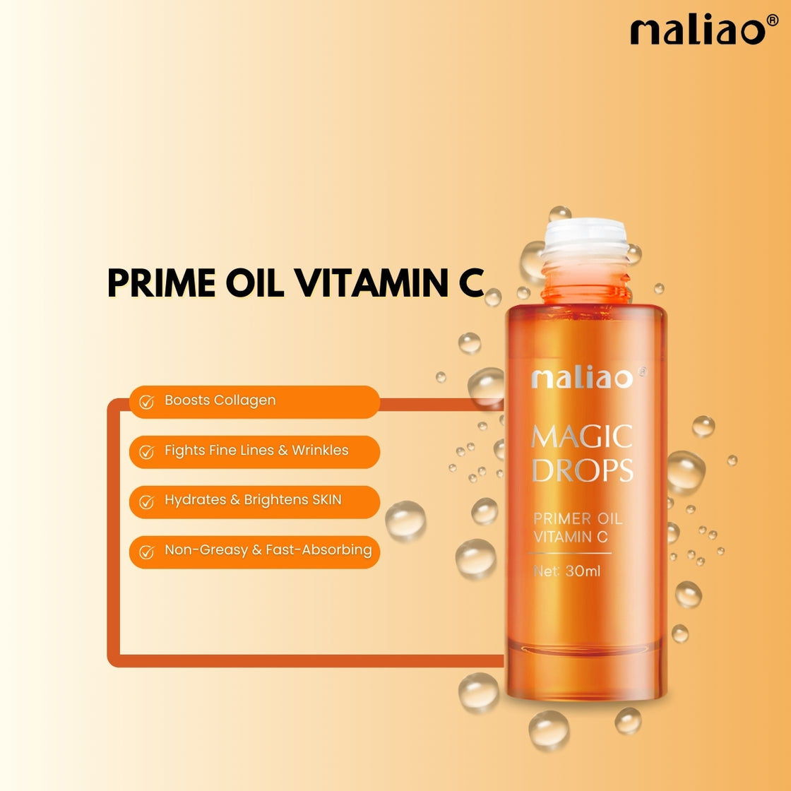 Maliao VIT C+ Magic Drops Primer Oil - Radiant Skin Prep Primer - 30ml Maliao