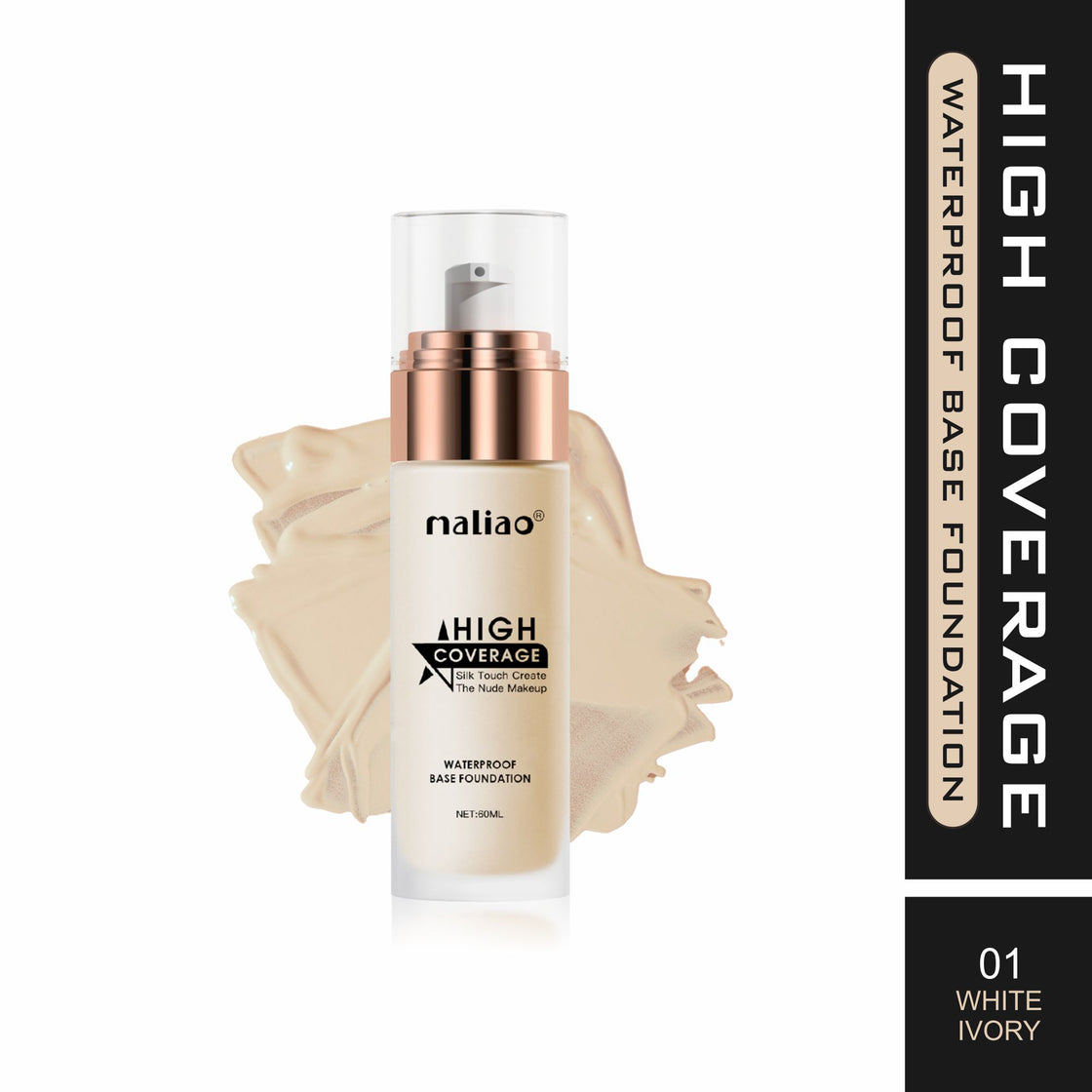 Maliao High Coverage Waterproof Base Foundation - Flawless All-Day Wear Face 01-White-Ivory