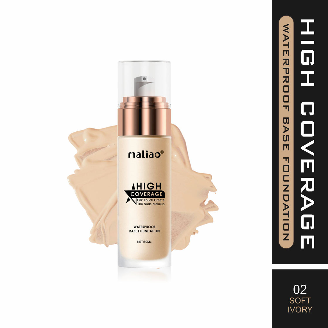 Maliao High Coverage Waterproof Base Foundation - Flawless All-Day Wear Face 02-Soft-Ivory