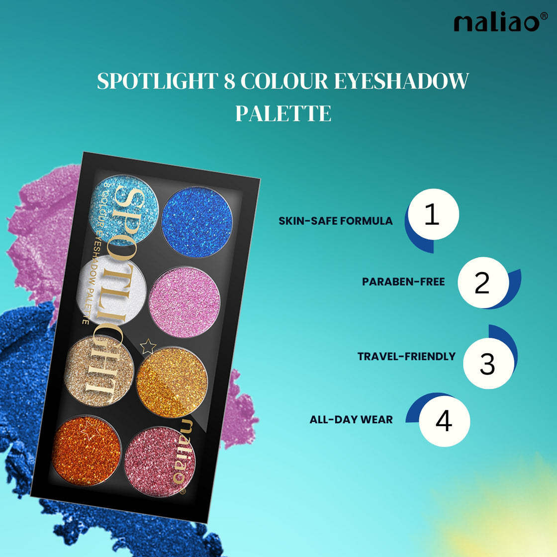 Maliao Spotlight 8 Colour Eyeshadow Palette - High Pigment, Long-Lasting Glitter Shades - Maliao Makeup