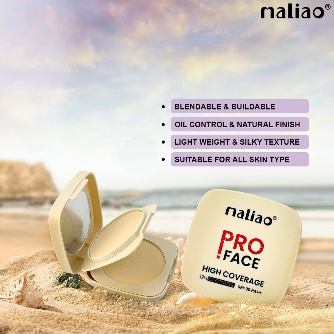 Maliao Pro Face High Coverage Compact Powder - 12H Oil Control, SPF 30 PA++, Long-Lasting Matte Finish