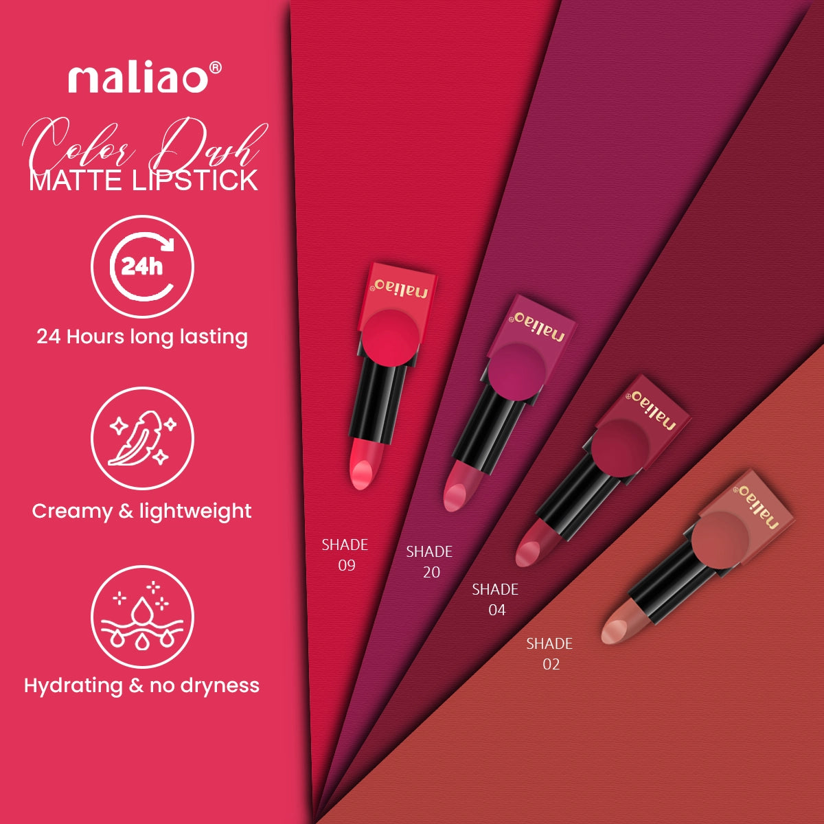 Maliao Color Dash Matte Lipstick - Longwear 24H Power with Silky Matte Finish