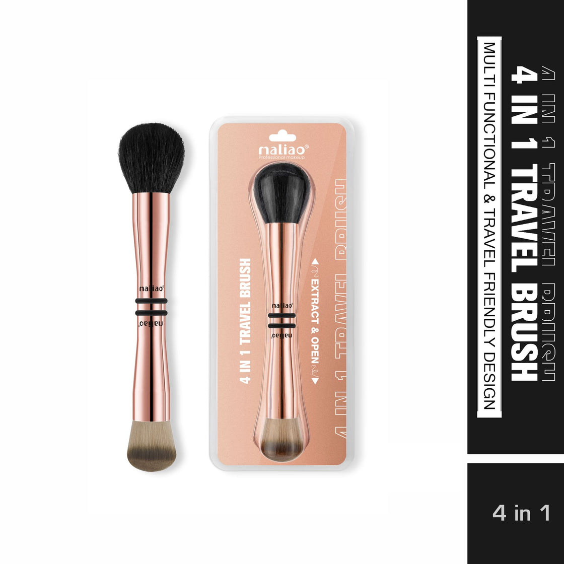 MALIAO 4 in 1 Travel Brush with Foundation Brush, Powder Brush, Eyeshadow Blending Brush & Flat Brush | Soft Bristles Makeup Brushes Set for Women - Maliao Makeup