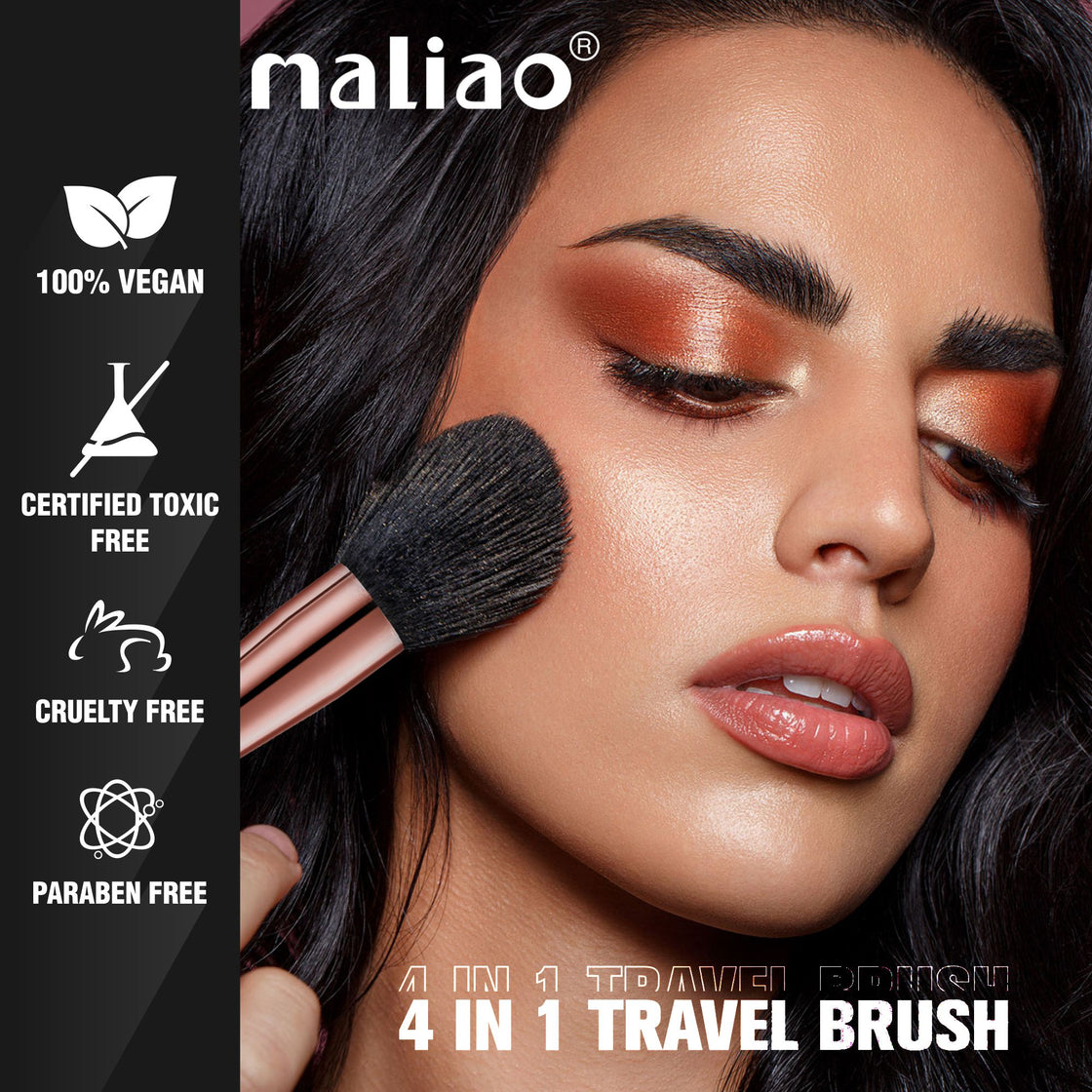 MALIAO 4 in 1 Travel Brush with Foundation Brush, Powder Brush, Eyeshadow Blending Brush & Flat Brush | Soft Bristles Makeup Brushes Set for Women - Maliao Makeup