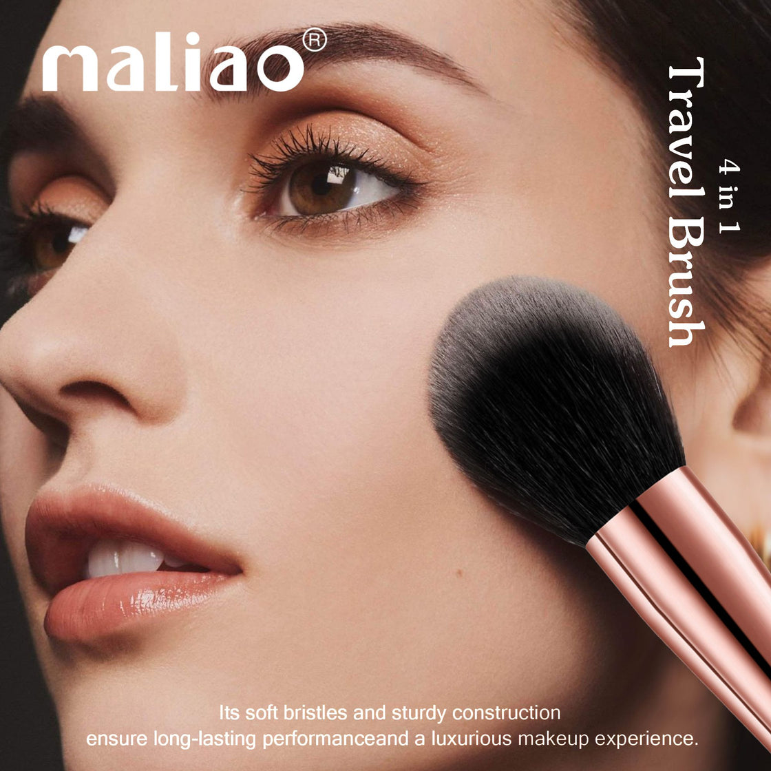 MALIAO 4 in 1 Travel Brush with Foundation Brush, Powder Brush, Eyeshadow Blending Brush & Flat Brush | Soft Bristles Makeup Brushes Set for Women - Maliao Makeup