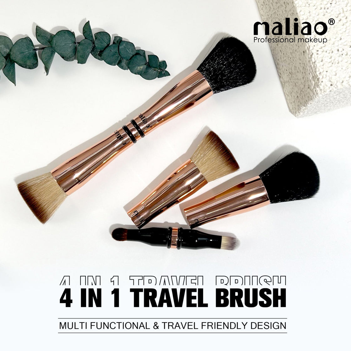 MALIAO 4 in 1 Travel Brush with Foundation Brush, Powder Brush, Eyeshadow Blending Brush & Flat Brush | Soft Bristles Makeup Brushes Set for Women - Maliao Makeup