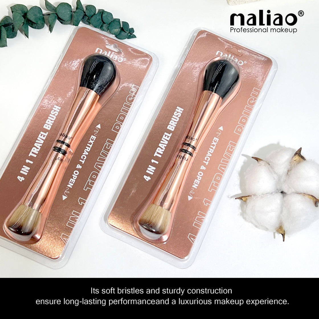 MALIAO 4 in 1 Travel Brush with Foundation Brush, Powder Brush, Eyeshadow Blending Brush & Flat Brush | Soft Bristles Makeup Brushes Set for Women - Maliao Makeup