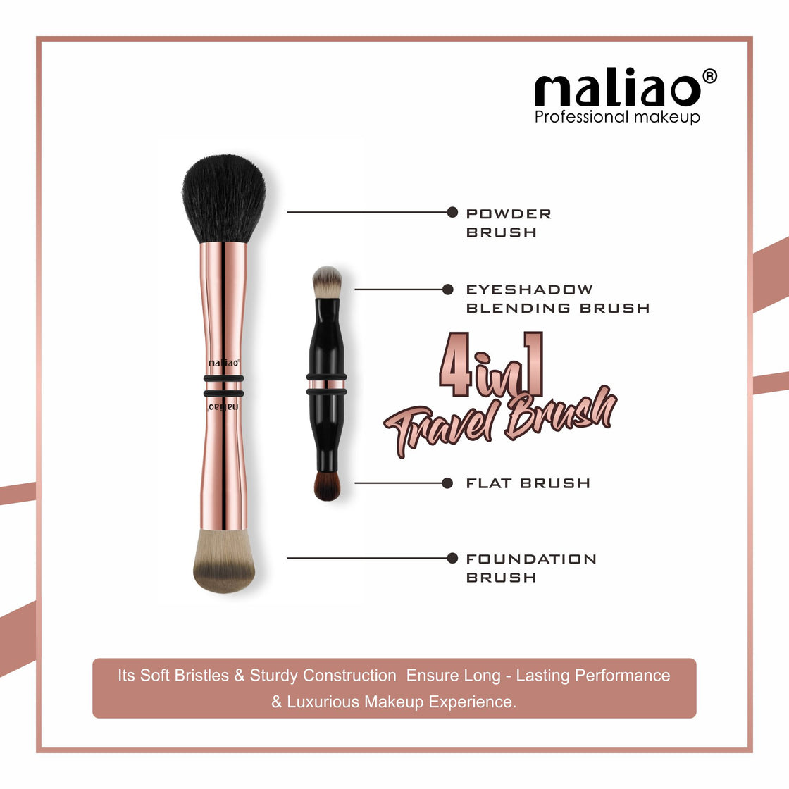 MALIAO 4 in 1 Travel Brush with Foundation Brush, Powder Brush, Eyeshadow Blending Brush & Flat Brush | Soft Bristles Makeup Brushes Set for Women - Maliao Makeup