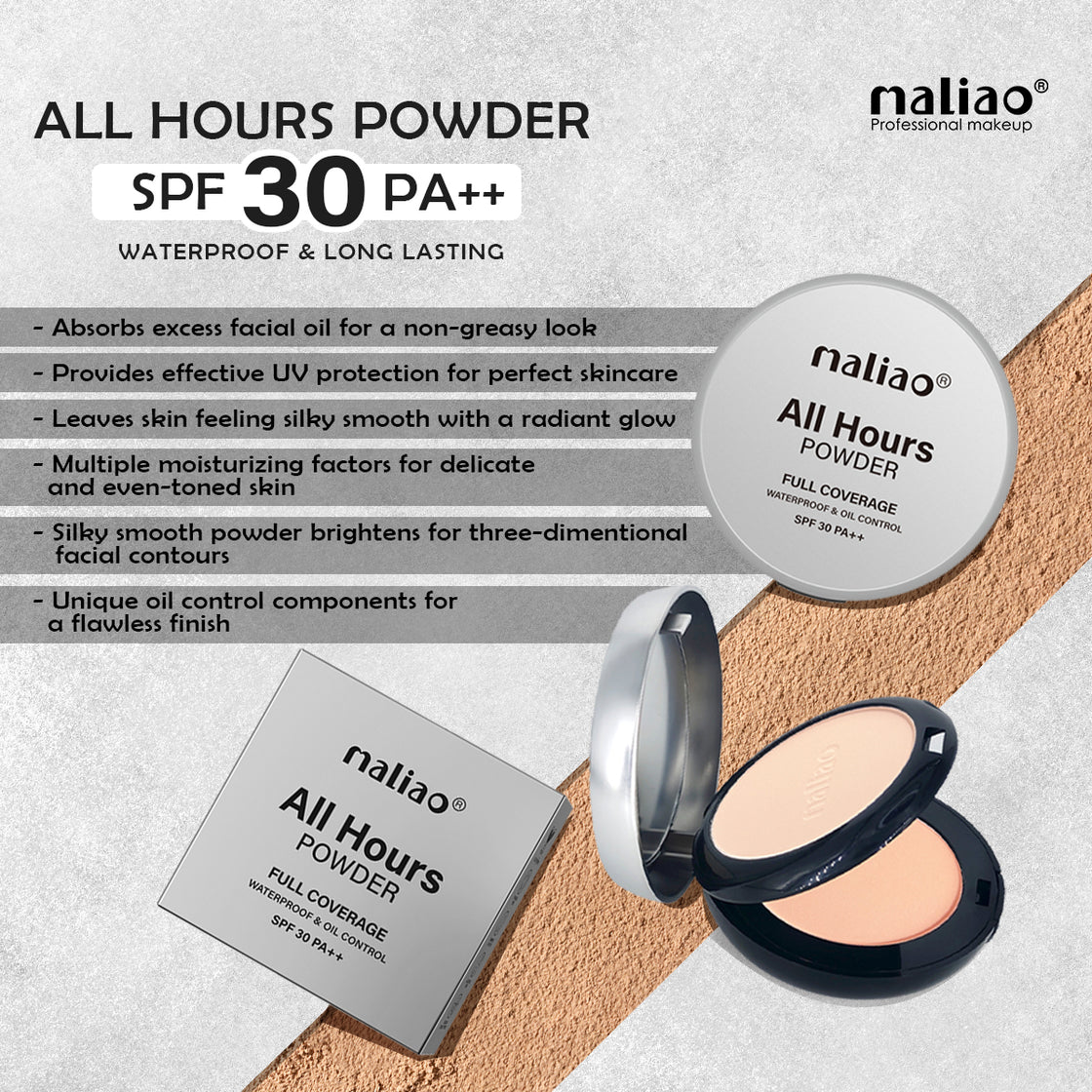 Maliao All Hours Compact Powder - Full Coverage, Waterproof, Oil Control, SPF 30 PA++, All Skin Types