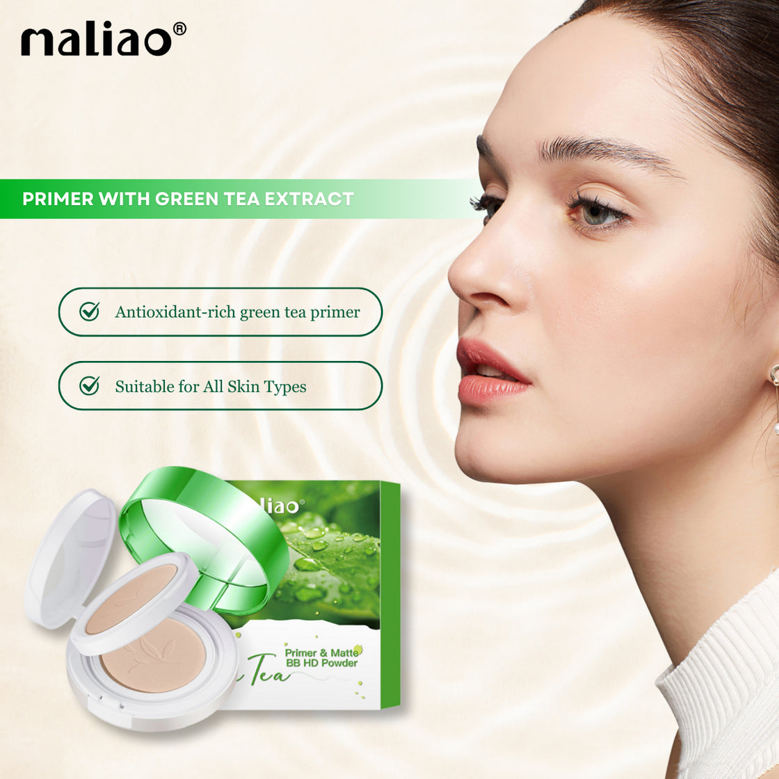 Maliao Primer & Matte BB HD Powder with Green Tea Extract - Smooth & Flawless Finish - Maliao Makeup