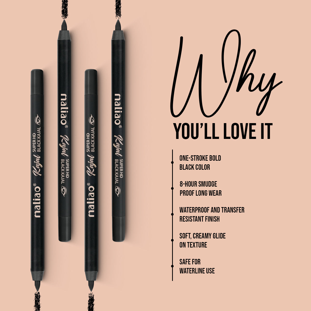 Maliao Super HD Black Kajal – Long-Lasting + Waterproof for 12-Hour Intensity Eye